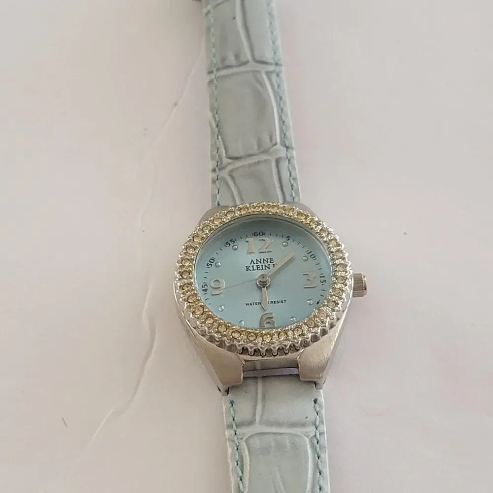 Anne Klein Womens Watch Blue Dial 30mm Silver Case Blue Leather Strap Quartz